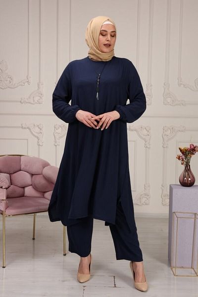 Aşkı Endam Γυναικείο Σετ Mevlana Casual Long Ayrobin Plus Size - Δώρο κολιέ - μπλε ναυτικό
