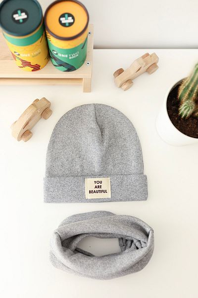 Doğan Collection Gray Ribbed Labeled Beanie Neck Collar Set