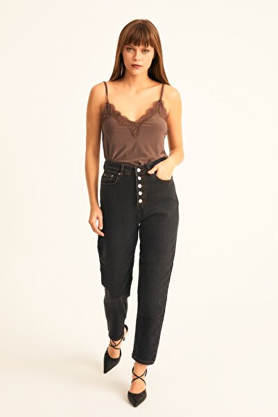 LACHT Жіночі чорні джинси з високою талією та ґудзиками