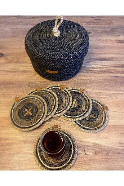 AYŞE SERHOŞOĞLU HOME DESİGN Wicker Basket and 6-Piece under Cup - Jute Basket, 100% Natural, Multi-Purpose Decorative Wicker Basket Organizer