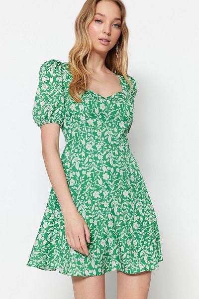 Trendyol Collection Rochie mini țesută cu mâneci cu balon în linie A cu imprimeu floral verde TWOSS20EL0899