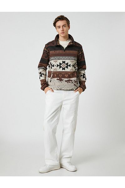 Koton High Collar Sweatshirt Ethnic Printed Half Zipper