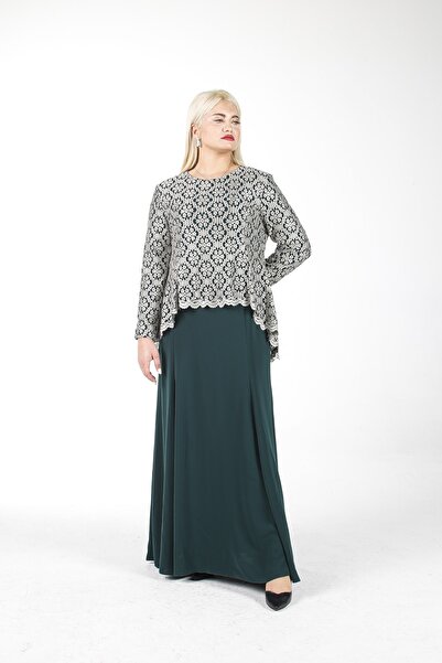 ALİS DRESS Büyük Beden Tesettür Yeşil Dantel Detaylı Abiye