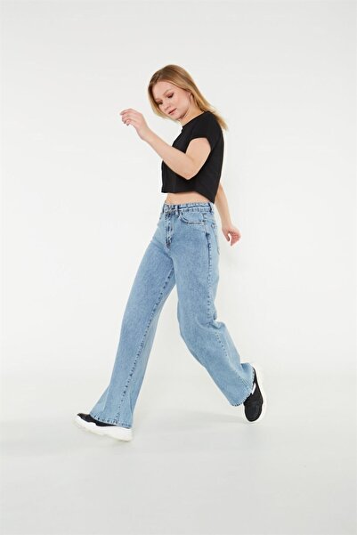 LİMABEL Сини панталони с висока талия и широки крачоли от еластичен деним