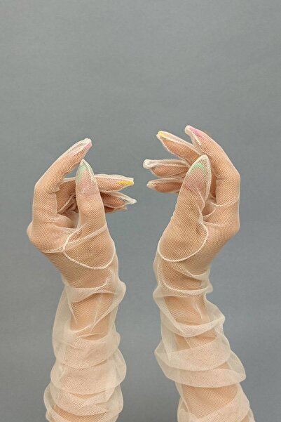 Hobigram Lycra Long Tulle Cream Gloves Evening Gloves – Bridal Accessory, Stylish Design, Women's Accessory – Bridal