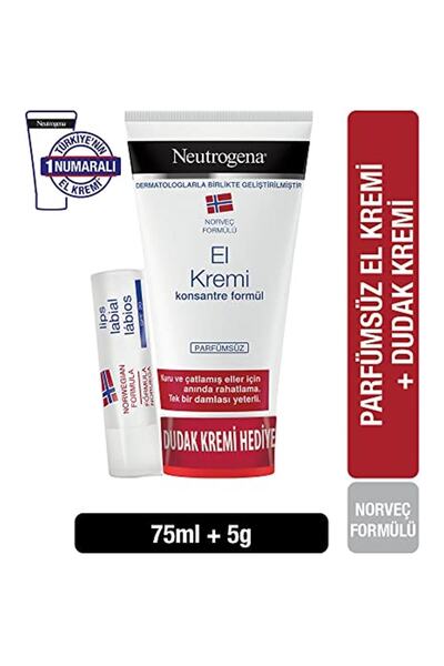 Neutrogena Norwegian Formula Perfume Free Hand Cream for Dry and Chapped Hands (1 X 75 ml) + Lip Balm