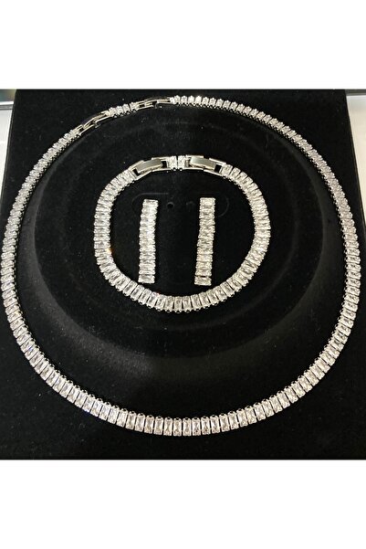 As Kadın Baget Su Yolu Zirkon Taşlı Kolye Küpe Bileklik Çelik Set