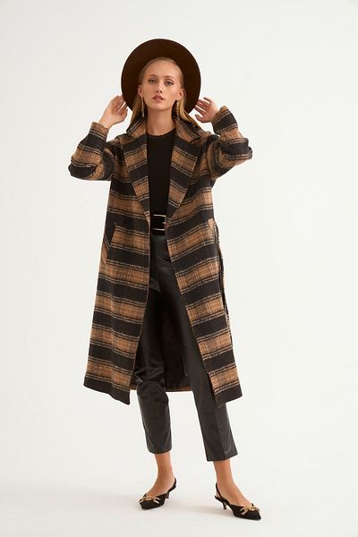 Sateen Plaid Patterned Belted Coat - Black-camel