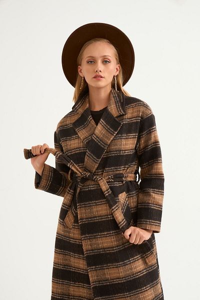 Sateen Plaid Patterned Belted Coat - Black-camel