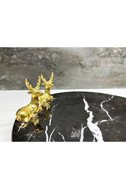 Modestmar Doğal Siyah Mermer Sunum Gold Geyikli Servis Tabağı Sunum Tabağı
