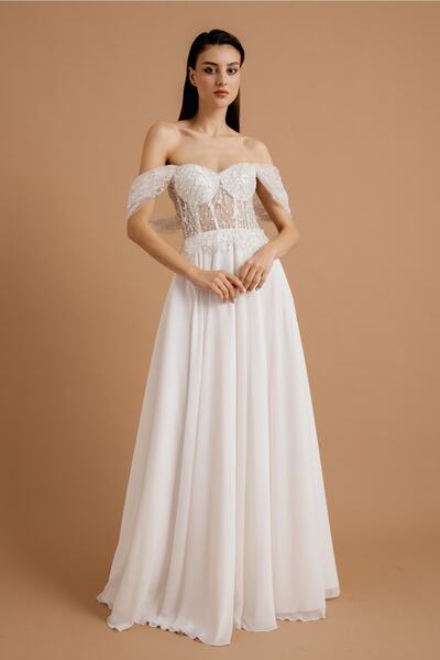 Lenta Moda Beyaz Pullu Dantel Detaylı Şifon Abiye Ve Nikah Elbisesi