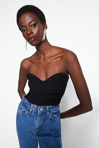 Trendyol Collection Nařasené černé pletené tělo – patentka, podšívka TPRSS23BD00027