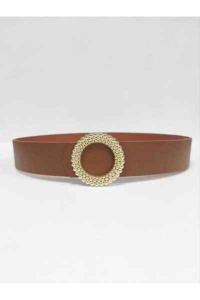 Kemerix 100% Genuine Leather Women's Tan Belt with Gold Buckle