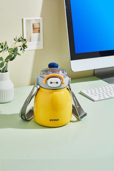 Rovco 1000ml Steel Thermos with Double Use Straw/ Comfortable Drink Strap Sticker Gift 6 Hours Insulation