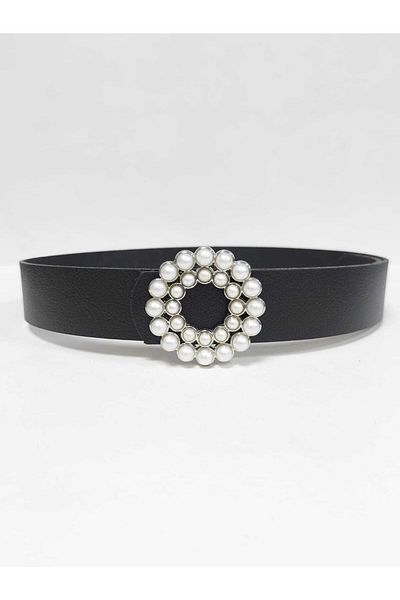 Kemerix 100% Genuine Leather Women's Black Belt with Pearl Stone and Silver Buckle