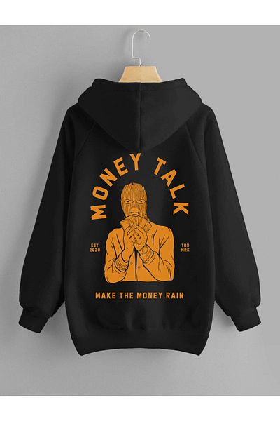 DEEPSENCE Unisex Hooded Sweatshirt Money Talk Back Print Black