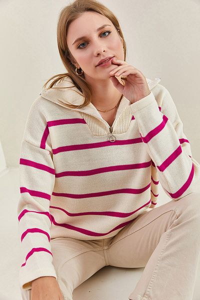 Bianco Lucci Pulover din tricot cu dungi cu fermoar pentru damă