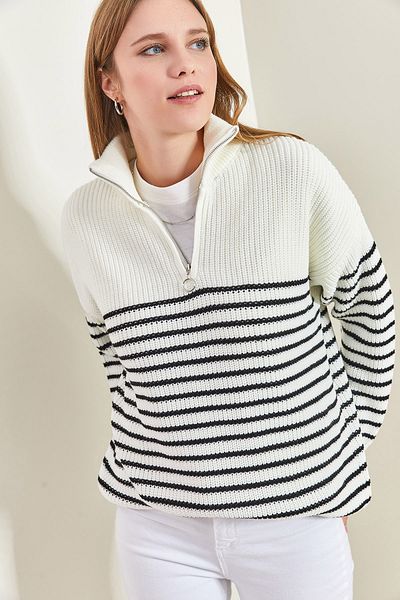 Bianco Lucci Women's Turtleneck Zippered Six Striped Knitwear Sweater