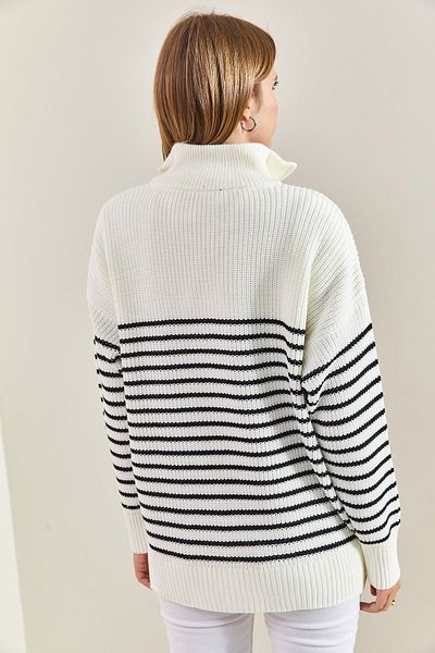 Bianco Lucci Women's Turtleneck Zippered Six Striped Knitwear Sweater