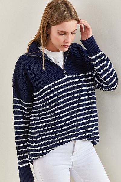Bianco Lucci Sechs-Streifen-Strickpullover für Damen mit Rollkragen und Reißverschluss