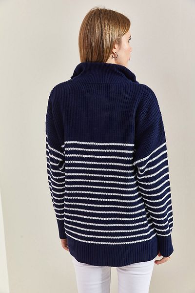 Bianco Lucci Sechs-Streifen-Strickpullover für Damen mit Rollkragen und Reißverschluss