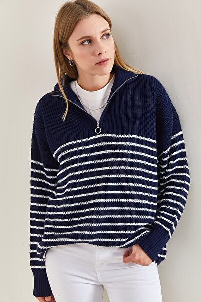 Bianco Lucci Női garbós, cipzáras, hat csíkos kötöttáru pulóver