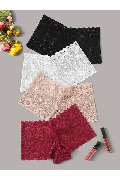 Fancy&Dancy Women's Black White Red Salmon 4-Piece Lace Boxers
