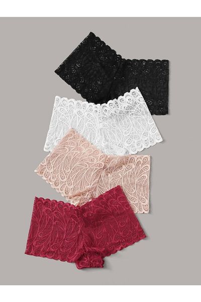 Fancy&Dancy Women's Black White Red Salmon 4-Piece Lace Boxers