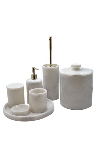 MIARIK DESIGN & DEKORASYON Dekoratif Beyaz Mermer Gold Detaylı 7 Li Banyo Set...