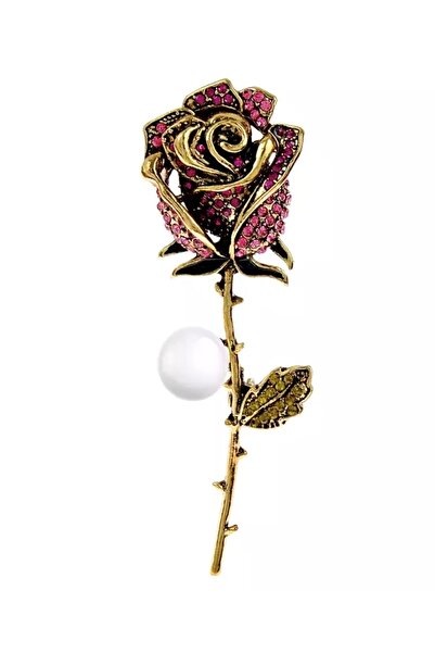 Esra Pamir Zirkon Taşlı Incili Pembe Gül Broş