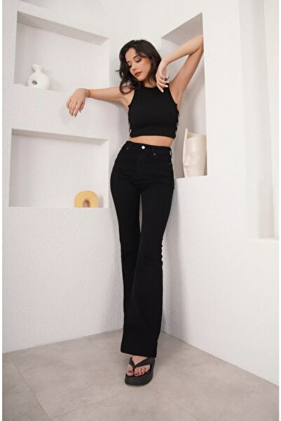 LİMABEL Džíny s vysokým pasem s rozšířenými nohavicemi Černé lycrové elastické džínové kalhoty