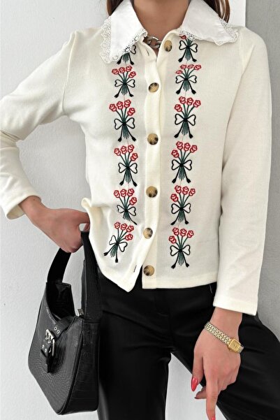 FEMELLE Kadın Önlük Yaka Düğme Detaylı Nakışlı Hırka