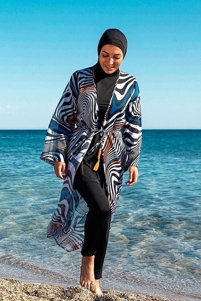 Marina Schwarzer, gestreift gemusterter Kimono-Pareo am Hijab-Badeanzug für Damen P2205