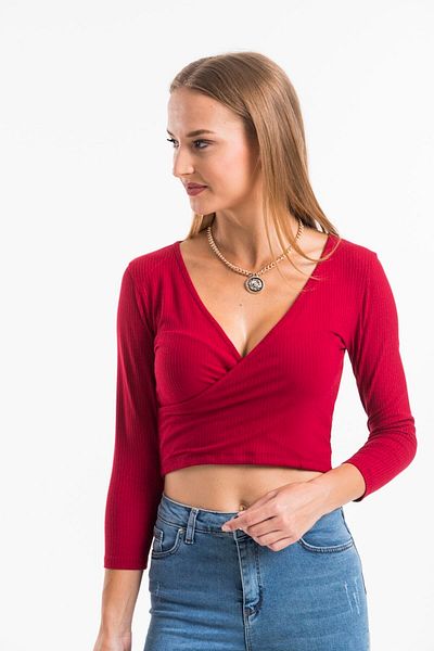 laughs Women's Red Double Breasted Neck Long Sleeve Camisole Crop Blouse