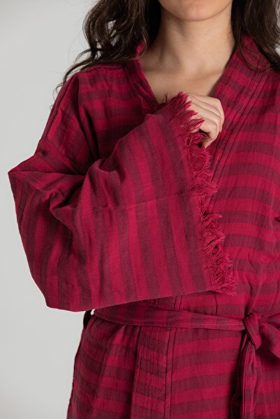 RUBYSTARS Vişne Çizgili %100 Pamuk Rahat Kesim Püskül Detay Bornoz&kaftan