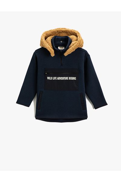 Koton Boy's Sweatshirt with Removable Hood, Zipper Detail, Stand-Up Collar, Pocket, Parachute Fabric Detail