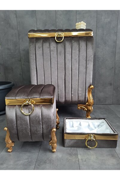 Bonny Home Luna Antrasit 3'lü Mdf Ipek Kadife Banyo Seti Kirli Çamaşır Sepeti...