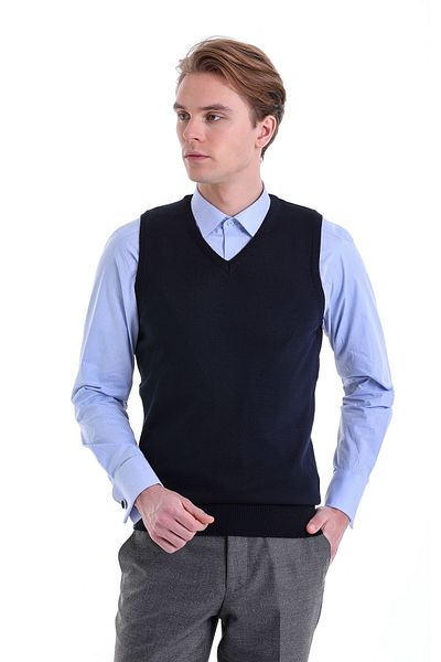 Hatemoğlu Navy Blue Comfort Fit Plain V-Neck Wool Knitwear Sweater