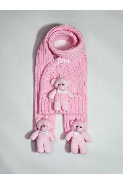 Meriç bebe Set eșarfă și beretă unisex roz pentru 0-3 ani - cu ursuleț tricot...