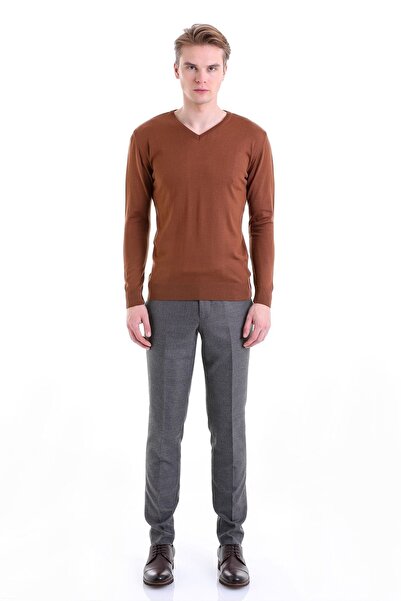 Hatemoğlu Tobacco Comfort Fit Plain V-Neck Woolen Sweater