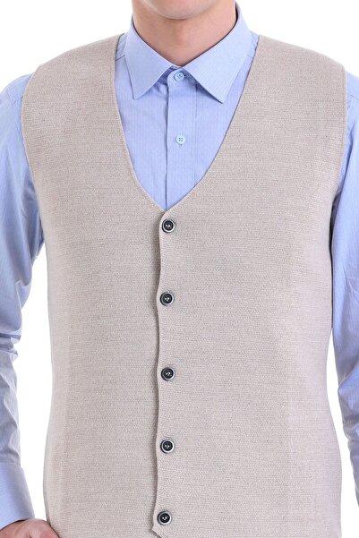 Hatemoğlu Bej Comfort Fit Düz V Yaka Yünlü Klasik Triko Yelek
