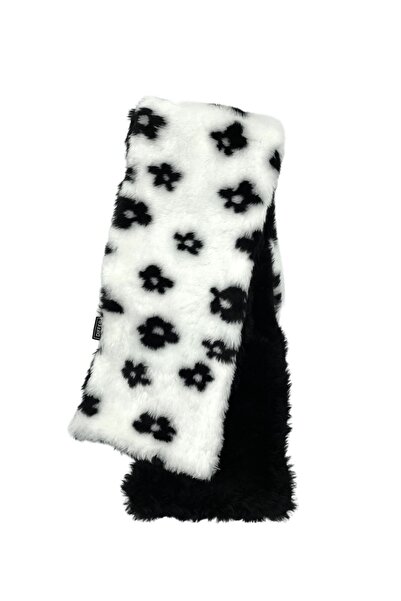 Differ Studio Eșarfă de pluș cu model de flori alb-negru pe două fețe