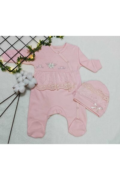 almini Yeni Sezon 2 Parça Dantelli Kız Bebek Şapkalı Tulum 0-9 Ay