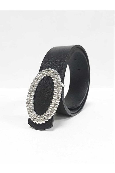Kemerix 100% Genuine Leather Women's Black Belt with Silver Buckle