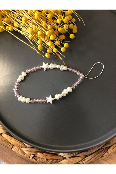 Stoneday Pink Crystal Gold Detailed Pearl and Star Phone Charm Accessory Strap