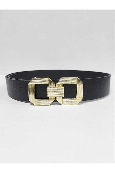 Kemerix 100% Genuine Leather Women's Black Belt with Gold Buckle
