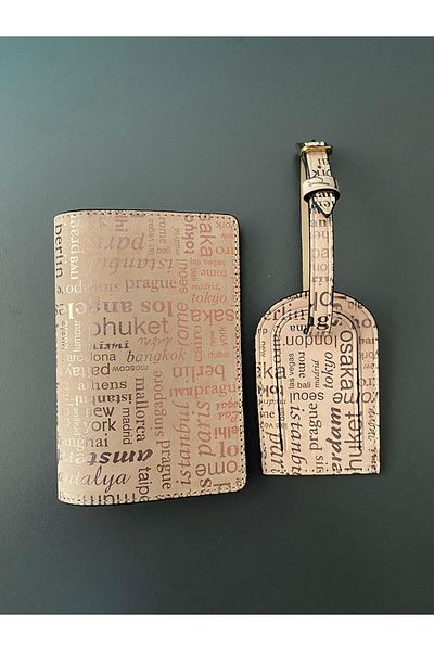 Seyahataksesuar Country Names Printed Cream Leather Passport Cover and Luggage Tag