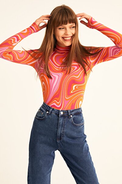 LACHT Kadın Turuncu Krema Desen Dik Yaka Uzun Kollu Bluz