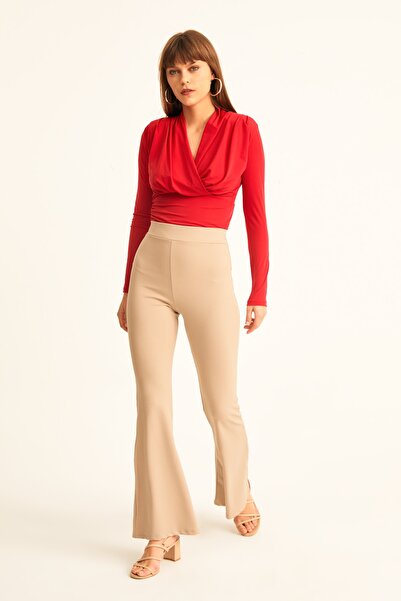 LACHT سروال نسائي بيج واسع الساق مضلع عالي الخصر