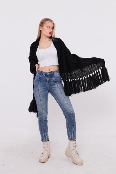 ETARZ Püskül Detaylı Siyah Renk Triko Şal